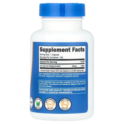 Nutricost Iron Bisglycinate 25mg – 120 Capsules, Ferrous Bisglycinate Chelate, Non-GMO & Gluten-Free