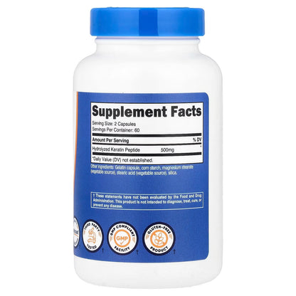 Nutricost Hydrolyzed Keratin Peptides 500mg – 120 Capsules, 60 Servings, Keratin Supplement