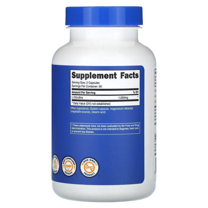 Nutricost L-Citrulline 1000mg – 120 Capsules, 60 Servings, 500mg Per Capsule, Gluten-Free & GMO-Free