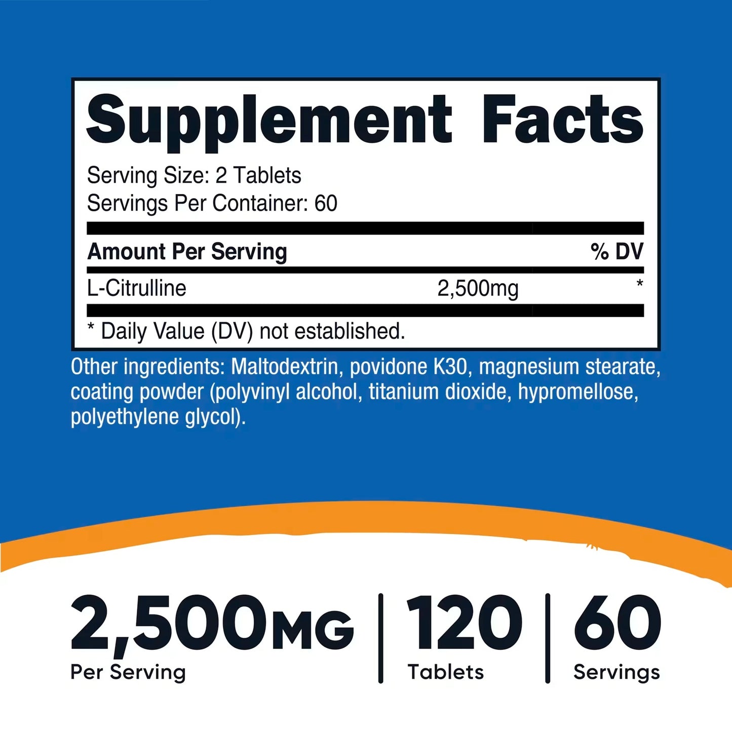 Nutricost L-Citrulline 2500mg – 120 Tablets, 60 Servings, 1250mg Per Tablet, GMO-Free & Gluten-Free