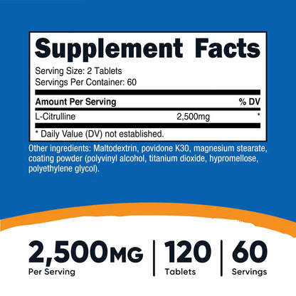 Nutricost L-Citrulline 2500mg – 120 Tablets, 60 Servings, 1250mg Per Tablet, GMO-Free & Gluten-Free