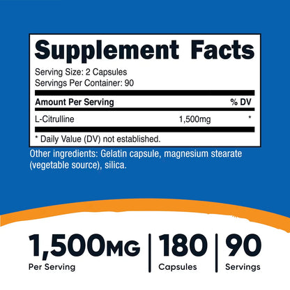 Nutricost L-Citrulline 1500mg – 180 Capsules, 750mg Per Capsule, Gluten-Free & GMO-Free