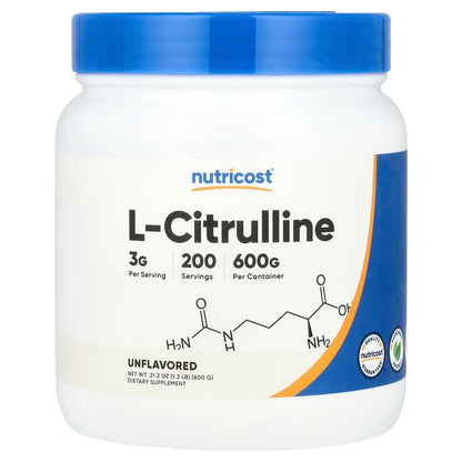 Nutricost Pure L-Citrulline Base Powder 600g – Unflavored Amino Acid Supplement