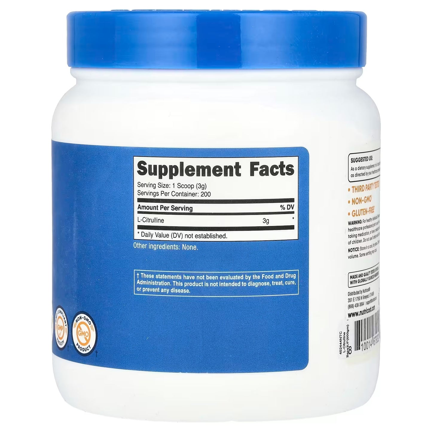 Nutricost Pure L-Citrulline Base Powder 600g – Unflavored Amino Acid Supplement