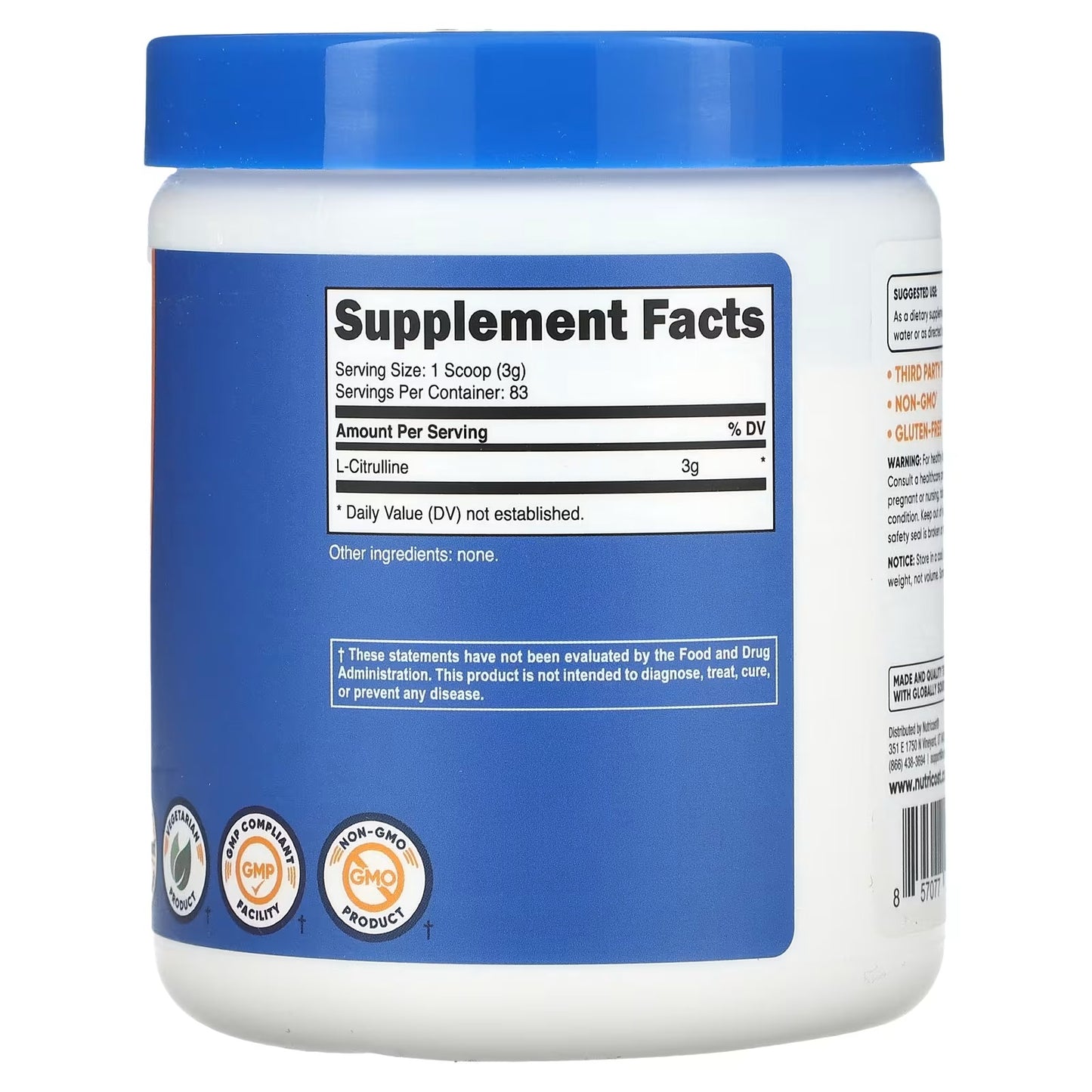 Nutricost Pure L-Citrulline Powder 250g – 3g Per Serving, 83 Servings, Gluten-Free & GMO-Free