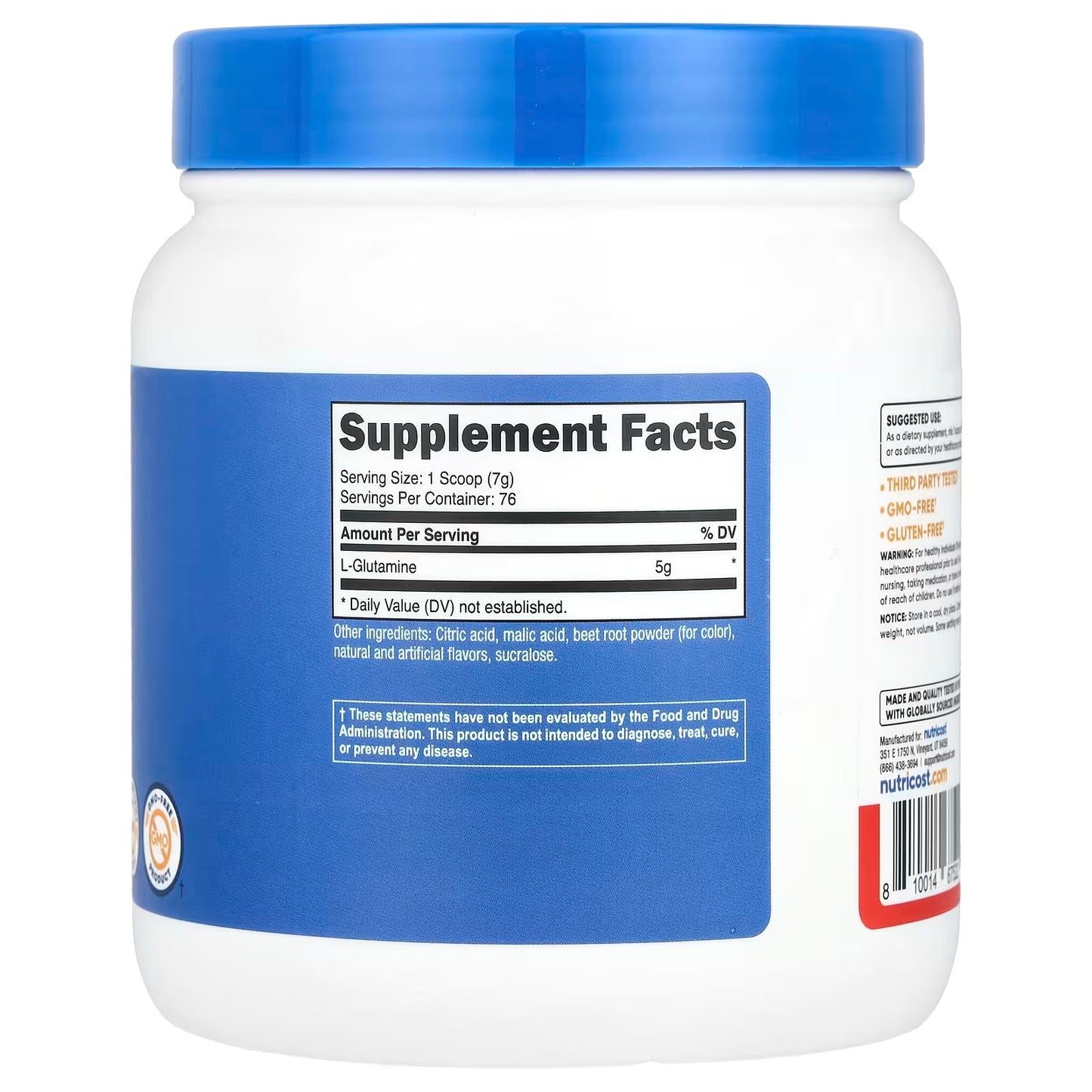 Nutricost L-Glutamine Powder 500g – Fruit Punch Flavor, 76 Servings, Amino Acid Supplement