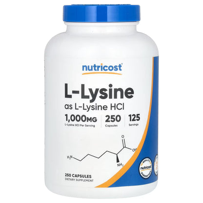 Nutricost L-Lysine 1000mg – 250 Capsules, 500mg Per Capsule, Gluten-Free Amino Acid Supplement