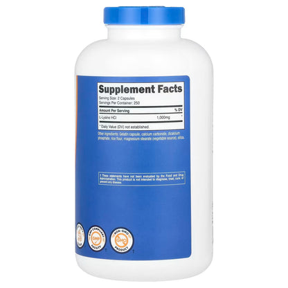 Nutricost L-Lysine 1000mg – 500 Capsules, 250 Servings, 500mg Per Capsule Amino Acid Supplement
