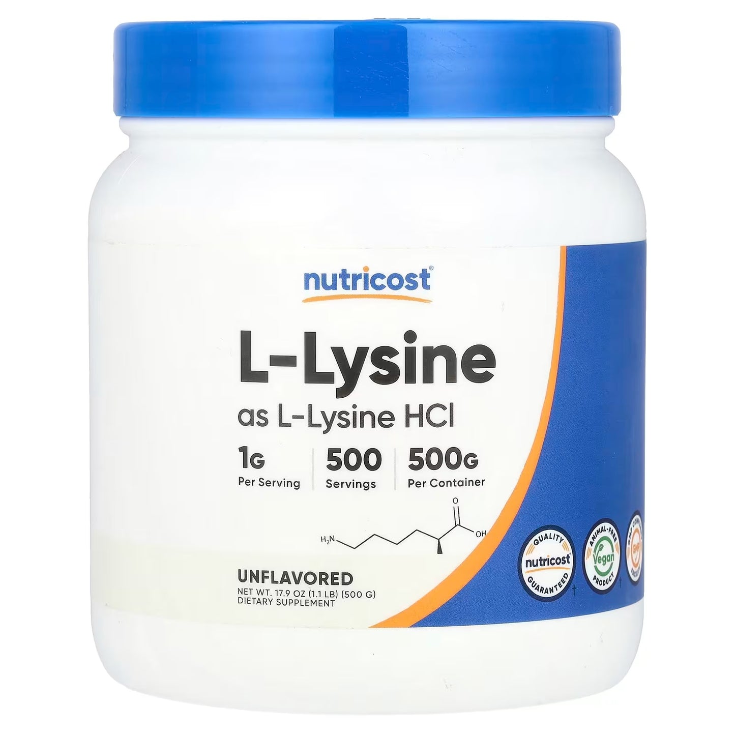 Nutricost Pure L-Lysine Powder 500g – Non-GMO & Gluten-Free Amino Acid Supplement