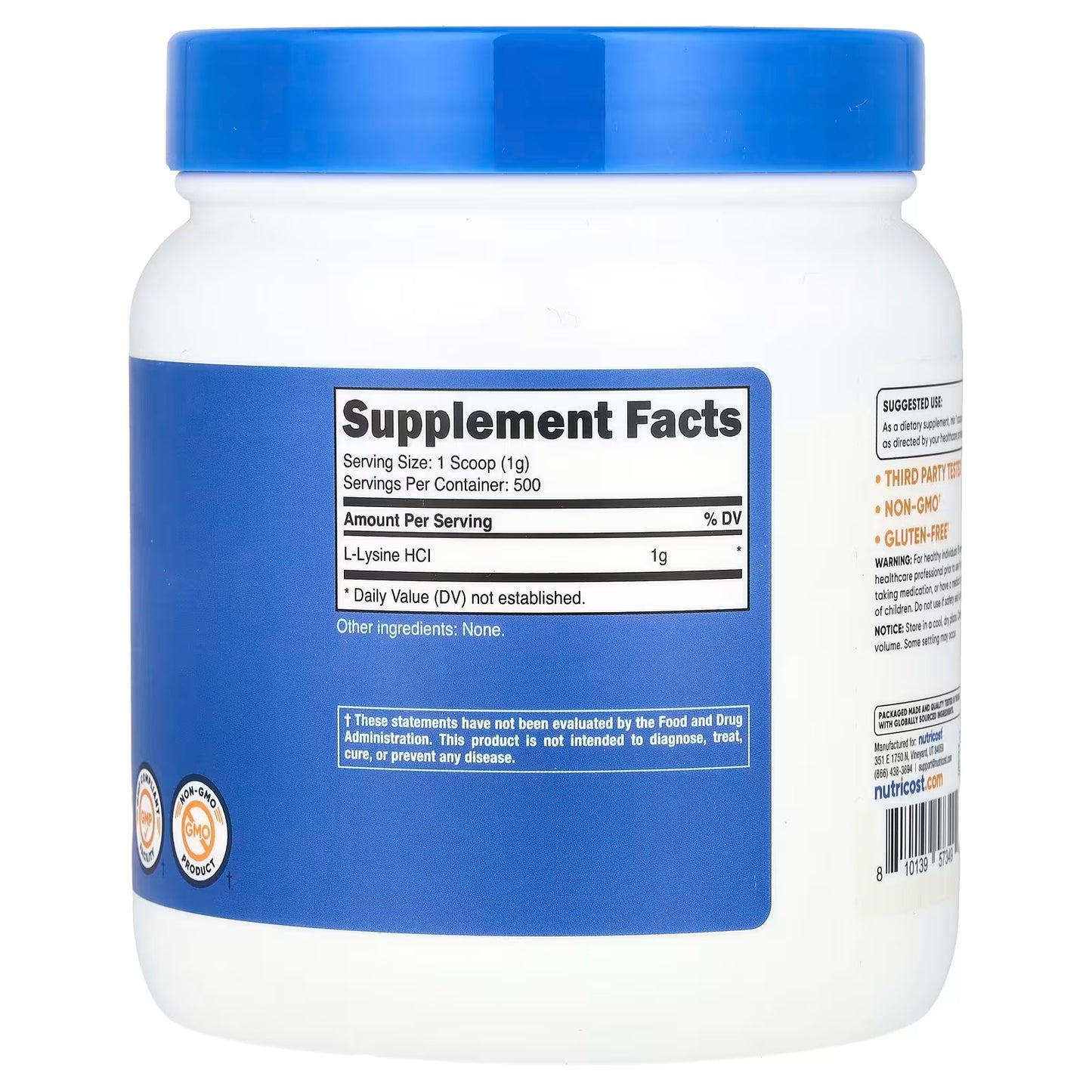 Nutricost Pure L-Lysine Powder 500g – Non-GMO & Gluten-Free Amino Acid Supplement