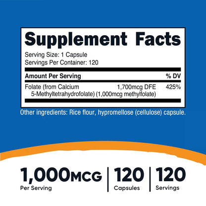 Nutricost Methylfolate 1000mcg – 120 Vegetarian Capsules, Methylated Folate, Gluten-Free & GMO-Free