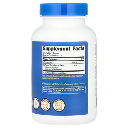 Nutricost L-Tryptophan 500mg with BioPerine – 120 Capsules, Gluten-Free & GMO-Free