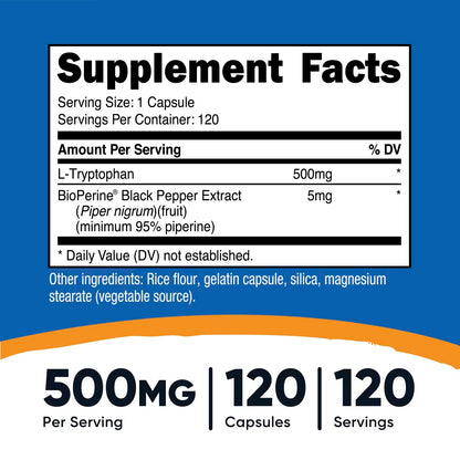 Nutricost L-Tryptophan 500mg with BioPerine – 120 Capsules, Gluten-Free & GMO-Free