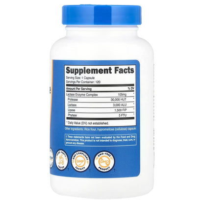Nutricost Lactase Enzyme Complex 3,000 FCC ALU – 120 Capsules, Gluten-Free Digestive Enzyme Supplement
