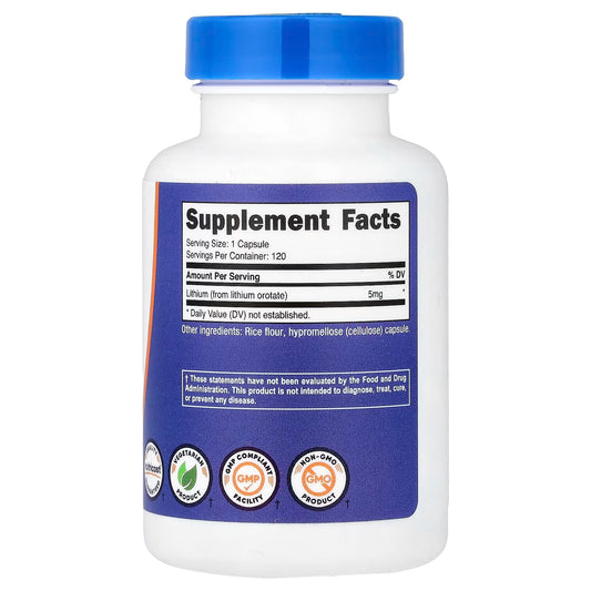 Nutricost Lithium Orotate 5mg – 120 Veggie Capsules, Gluten-Free & GMO-Free