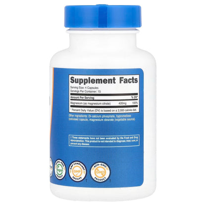 Nutricost Magnesium Citrate 420mg – 120 Veggie Capsules, 60 Servings, Magnesium Supplement