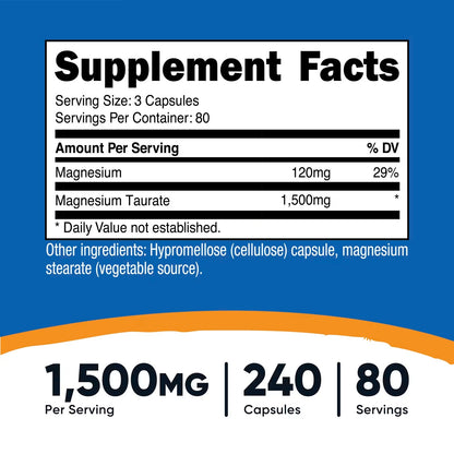 Nutricost Magnesium Taurate 1500mg – 240 Vegan Capsules, 80 Servings, Gluten-Free & GMO-Free