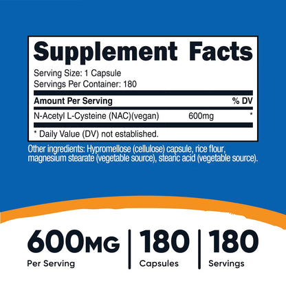 Nutricost N-Acetyl L-Cysteine (NAC) 600mg – 180 Capsules, GMO-Free & Gluten-Free