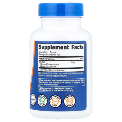 Nutricost NADH 20mg – 120 Vegan Capsules, Gluten-Free & GMO-Free Energy Support Supplement