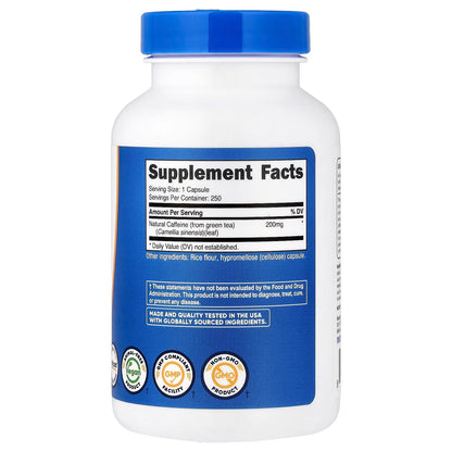 Nutricost Natural Caffeine 200mg – 250 Veggie Capsules, Gluten-Free & Non-GMO Energy Supplement
