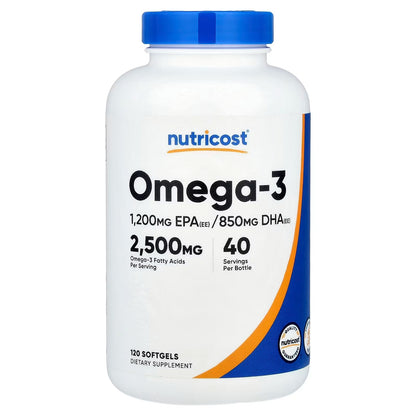 Nutricost Omega-3 Fish Oil 2500mg – 120 Softgels | 1200mg EPA & 850mg DHA, Wild-Caught