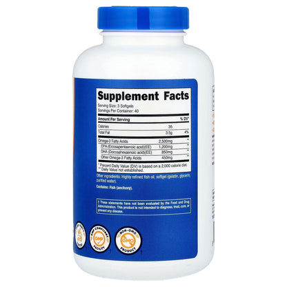 Nutricost Omega-3 Fish Oil 2500mg – 120 Softgels | 1200mg EPA & 850mg DHA, Wild-Caught