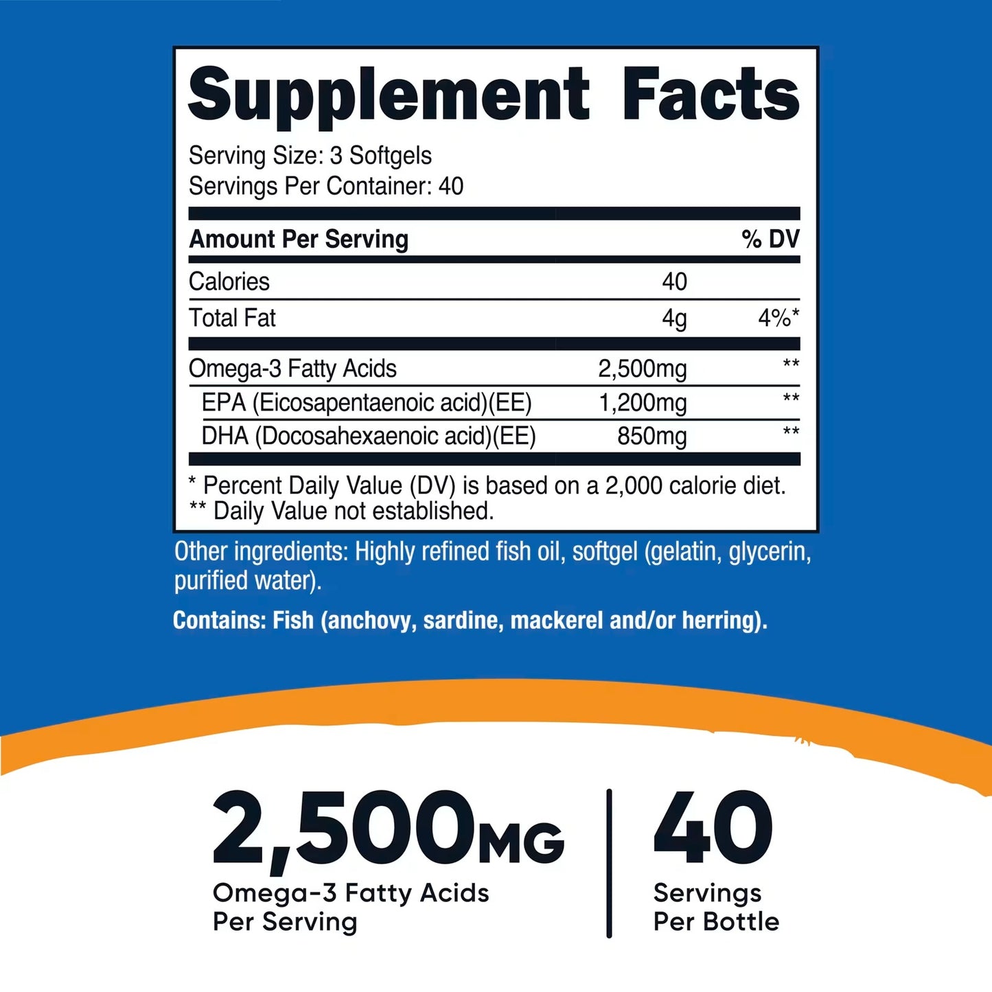Nutricost Omega-3 Fish Oil 2500mg – 120 Softgels | 1200mg EPA & 850mg DHA, Wild-Caught