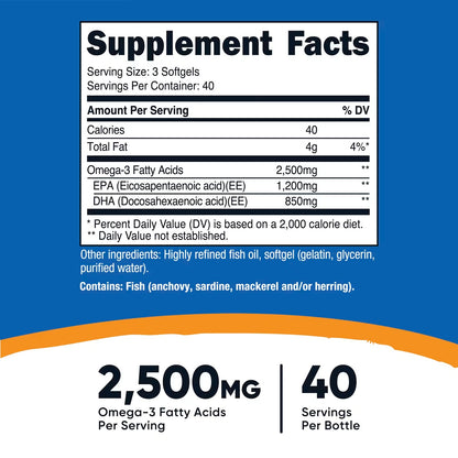 Nutricost Omega-3 Fish Oil 2500mg – 120 Softgels | 1200mg EPA & 850mg DHA, Wild-Caught