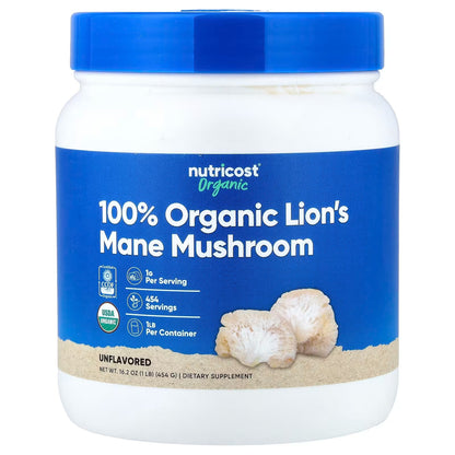 Nutricost Organic Lion’s Mane Mushroom Powder 1 lb (454g) – USDA Certified Organic Functional Mushroom Supplement