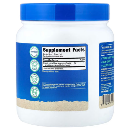 Nutricost Organic Lion’s Mane Mushroom Powder 1 lb (454g) – USDA Certified Organic Functional Mushroom Supplement