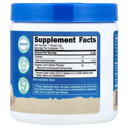 Nutricost Organic Lion’s Mane Mushroom Powder 4 oz (113g) – USDA Certified Organic