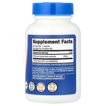 Nutricost PQQ 20mg (Pyrroloquinoline Quinone) – 60 Vegetarian Capsules, GMO-Free & Gluten-Free