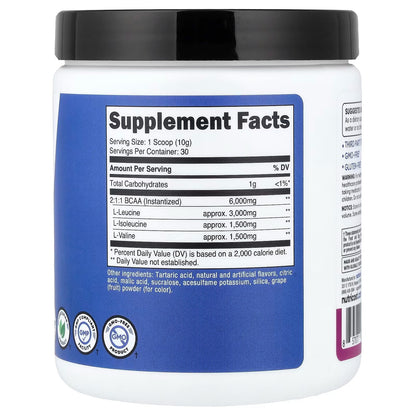 Nutricost BCAA Powder 2:1:1 – Grape Flavor, 60 Servings, Gluten-Free Amino Acid Supplement