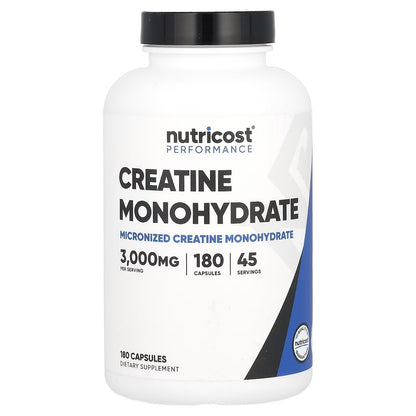 Nutricost Creatine Monohydrate 3000mg – 180 Capsules, 750mg Per Capsule, Gluten-Free & GMO-Free