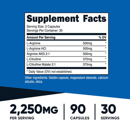 Nutricost Nitric Oxide Booster 2250mg – 180 Capsules, 750mg Per Capsule, 60 Servings, Gluten-Free & GMO-Free