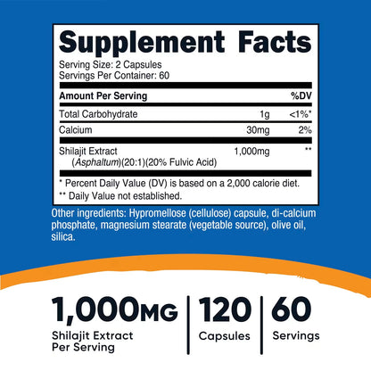 Nutricost Shilajit Extract 1000mg – 120 Vegan Capsules | Fulvic Acid, Gluten-Free & GMO-Free