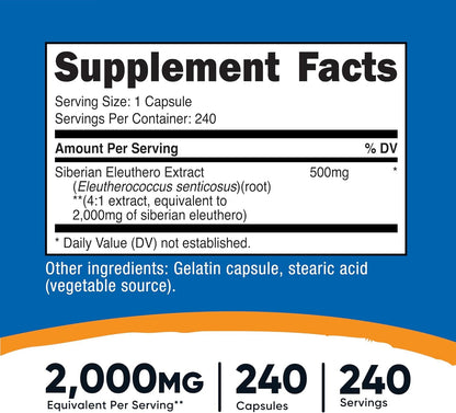 Nutricost Siberian Eleuthero 500mg – 240 Capsules, Eleutherococcus Senticosus, Gluten-Free & Non-GMO