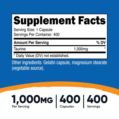 Nutricost Taurine 1000mg – 400 Capsules, High-Potency Taurine Supplement