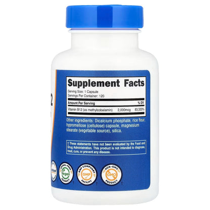 Nutricost Methylated Vitamin B12 + Folate 2000mcg – 120 Capsules, Methylated B-Vitamin Supplement