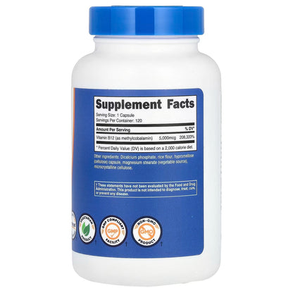 Nutricost Vitamin B12 5000mcg (Methylcobalamin) – 120 Capsules, Gluten-Free B12 Supplement