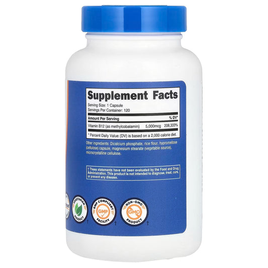 Nutricost Vitamin B12 5000mcg (Methylcobalamin) – 120 Capsules, Gluten-Free B12 Supplement