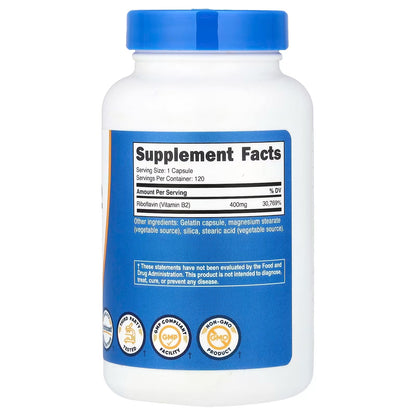 Nutricost Vitamin B2 Riboflavin 400mg – 120 Capsules | Gluten-Free & GMO-Free