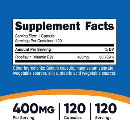 Nutricost Vitamin B2 Riboflavin 400mg – 120 Capsules | Gluten-Free & GMO-Free