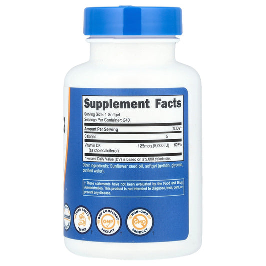 Nutricost Vitamin D3 5,000 IU (125mcg) – 240 Softgels, GMO-Free Vitamin D Supplement