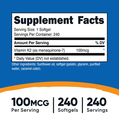 Nutricost Vitamin K2 MK-7 100mcg – 240 Softgels | Gluten-Free & GMO-Free
