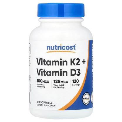 Nutricost Vitamin D3 + K2 – 5000 IU D3 & 100mcg MK-7, 120 Softgels | Gluten-Free & GMO-Free