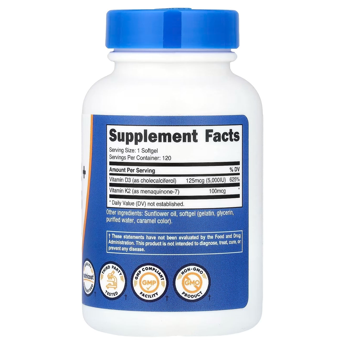 Nutricost Vitamin D3 + K2 – 5000 IU D3 & 100mcg MK-7, 120 Softgels | Gluten-Free & GMO-Free