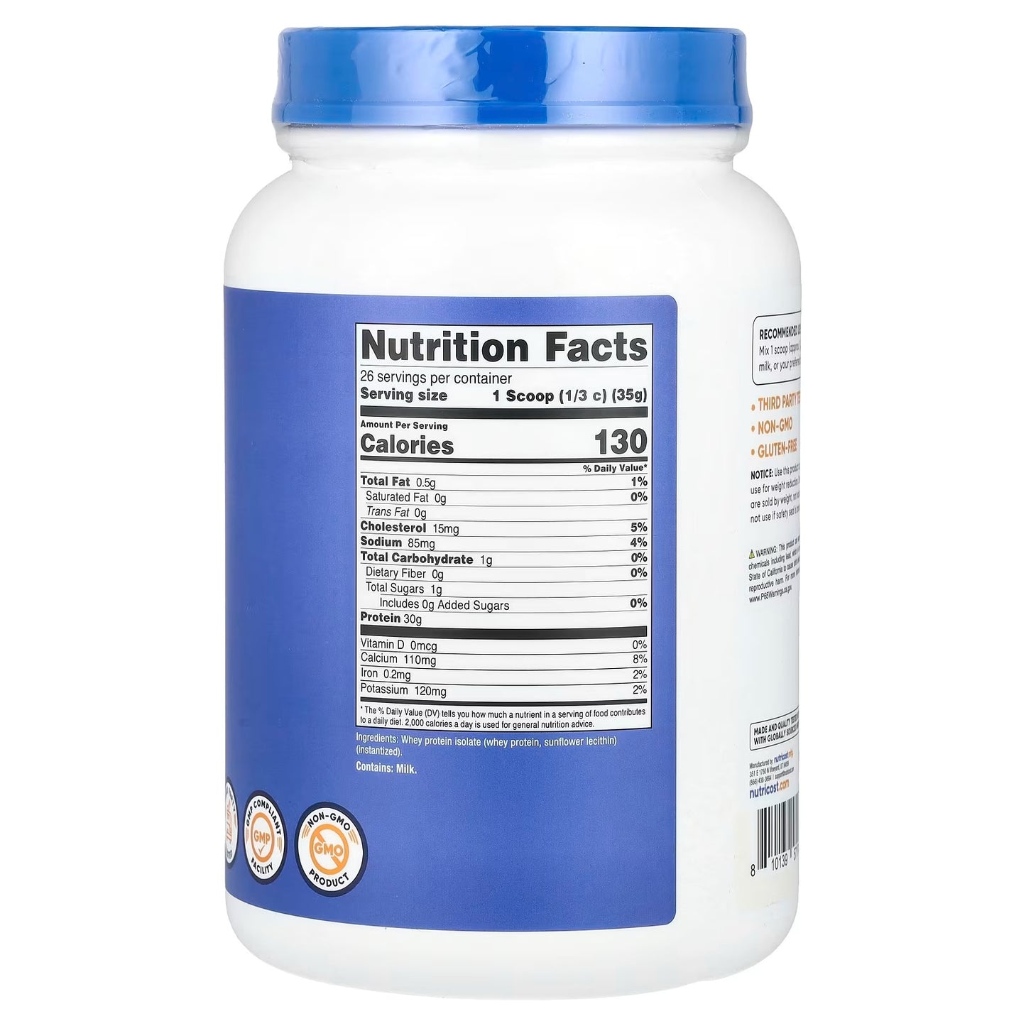 Nutricost Grass-Fed Whey Protein Isolate 2 lbs – Unflavored Pure Protein, Gluten-Free & GMO-Free