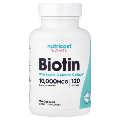 Nutricost Biotin for Women 10,000mcg – 120 Capsules with Folate & Collagen, Beauty Support Supplement