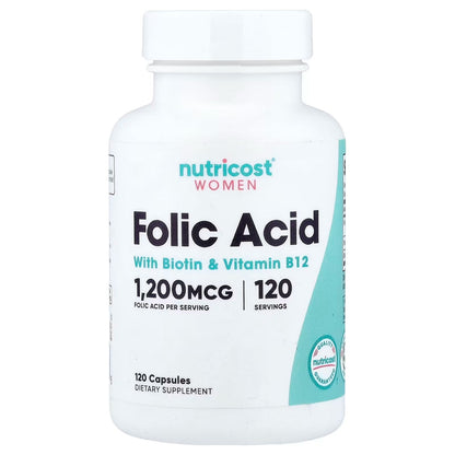 Nutricost Folic Acid for Women 1200mcg – 120 Veggie Capsules with B12 & Biotin, Non-GMO & Gluten-Free